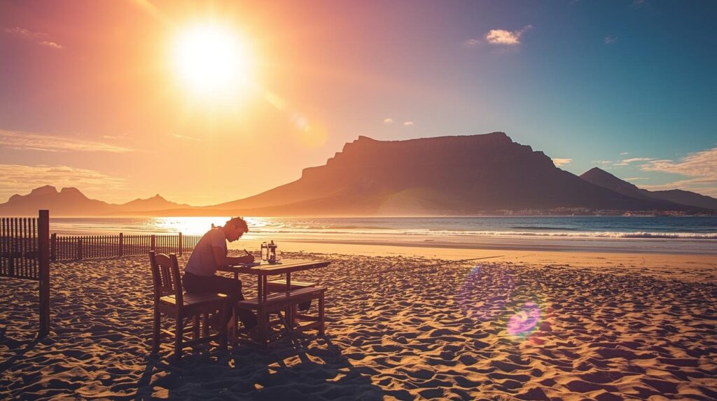 south african author writing on the beach with a view of table mountain